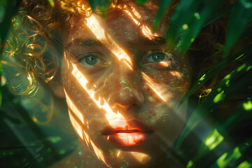 Poster - A photograph of an individual whose head opens up to display a rainforest canopy, with sunlight filt