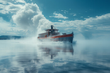 Poster - A depiction of a ghostly steamboat cruising across a mirage of a vast lake, its paddle wheel churnin