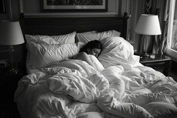 Poster - A scene illustrating a bedroom where pillows whisper secrets into sleeping ears, blankets gently fol