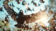 Composite shot of flying starling coming into land with worm in beak AI generated