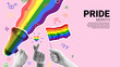 Bright collage for Pride Month events. Vector banner with halftone hands, loudspeaker and rainbow flags. Collage with rainbow heart, cut out paper elements and doodles for decoration of LGBT events.