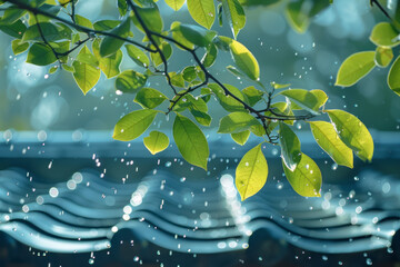 Poster - a depiction of a home roof designed to collect rainwater, its form mimicking the way leaves chan