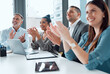 Applause, business and team in office for meeting with positive feedback of company growth or achievement. People, clapping hands and happy with celebration for success, good news and agency sales.