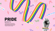 Festive collage for Pride Month events. Vector banner with halftone hand holding rainbow flag. Collage with cut out paper elements, halftone hand and doodles for decoration of LGBT events.