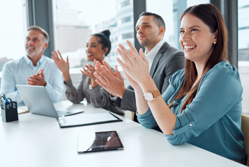 Canvas Print - Applause, business and people in office for meeting with positive feedback of company growth or achievement. Team, clapping hands and happy with celebration for success, good news and agency sales.