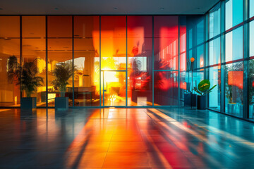 Poster - A depiction of a modern office designed with productivity in mind, utilizing vibrant oranges and red