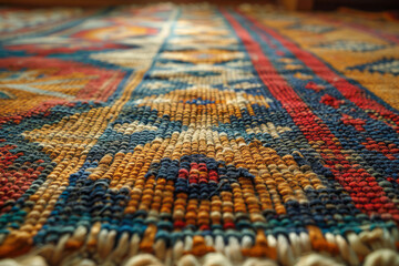Fototapete - An image of a geometrically patterned rug, with each knot contributing to an intricate array of diam
