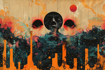 Poster - A depiction of a music festival poster designed using collage, incorporating psychedelic patterns an