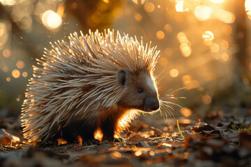 Poster - An image of a porcupine with metallic spikes, gleaming under the sunlight, casting patterns on the g