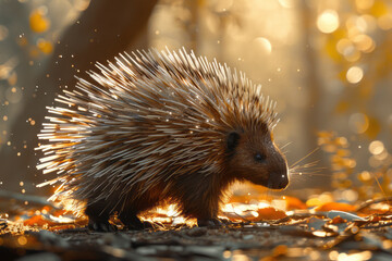 Poster - An image of a porcupine with metallic spikes, gleaming under the sunlight, casting patterns on the g