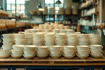 Poster - An image of a room where every piece of furniture is made of stacked teacups, delicately balanced.