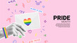 Collage for Pride Month events. Vector banner with halftone hand holding envelope with rainbow heart. Collage with cut out paper elements, halftone hand and doodles for decoration of LGBT events.