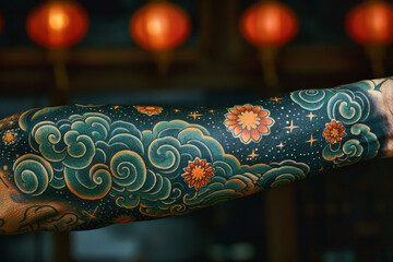 Leinwandbilder - An image of an abstract tattoo sleeve that incorporates elements of space exploration, like rockets,