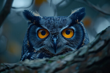 Poster - An image of an owl with eyes like galaxies, its gaze deep and mesmerizing as it watches from a dark