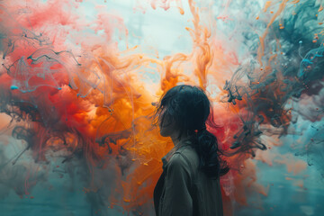 Poster - An image showing a conceptual artist sketching a surreal scene where abstract colors flow out of eve