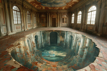 Leinwandbilder - An image showing a floor mural that creates the illusion of a gaping hole leading to an underground