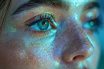 Poster - An image showing a makeup artist creating a look inspired by the aurora borealis, using shimmering g