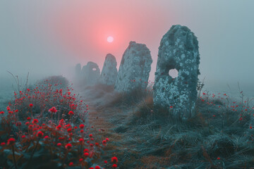 Fototapete - An image showing an ancient stone circle that appears at dawn, aligned perfectly with the rising sun
