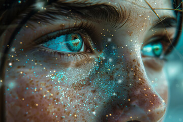 Poster - An image showing an individual whose pupils are tiny spinning galaxies, drawing observers into their