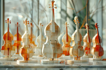 Aufkleber - A depiction of a series of abstract sculptures that each represent a different musical instrument fr