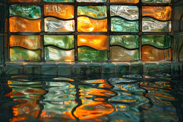 Poster - A depiction of a series of stained glass windows that reflect the patterns of waves, each pane captu
