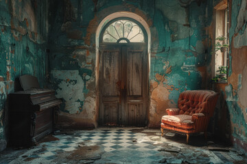 Poster - A depiction of a small room that uses forced perspective to appear vast and palatial on the inside.
