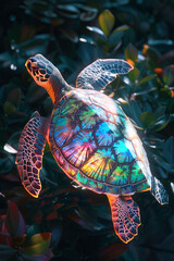 Aufkleber - A depiction of a turtle with a shell that looks like a stained glass window, sun casting colorful sh