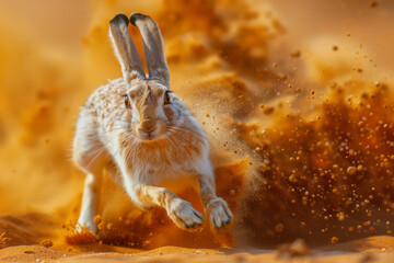 Poster - A desert rabbit sporting long, elegant antelope horns, effortlessly leaping over sand dunes.