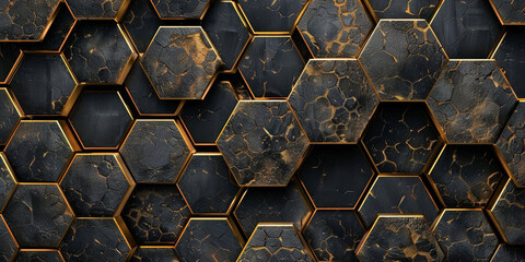 Wall Mural - Dark background, black and gold hexagon pattern wallpaper.  abstract geometric pattern  Luxury hexagonal black metal background