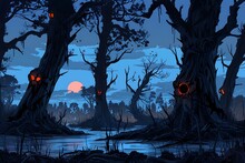 : A Mysterious Swamp With Twisted Trees And Eerie Glowing Eyes, Inked With A Dark And Ominous Tone