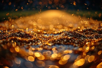 Poster - Warm golden bokeh background created by sparkling lights reminiscent of a festive, holiday atmosphere