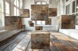 Wooden textured cubes levitating in a room with large windows and sunlight, creating an abstract and surreal effect