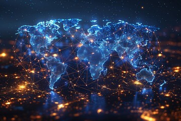 Poster - An intricate blue digital map of the world illustrating the concept of global connectivity and international networks