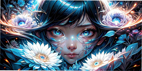 Fototapete - Anime woman face 3D, characters, graphics, game character, design, animation, virtual reality, augmented reality, modeling, texturing, skeleton, animation, rigging, gameplay, concept design, art style