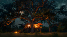 A Treehouse Built Around A Massive Oak Tree, With The Trees Sprawling Branches Framing The Structure, During A Magical Starry Night