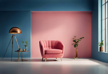 Canvas Print - pink armchair blue empty interior has background The wall chair sofa room living architecture bright colours concept contemporary cosy decor decoration decorative design