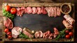 Assorted meat cuts on wooden tray in butcher shop or supermarket with blank price tags wide banner