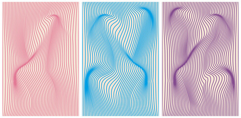 Wall Mural - Set 3D Swirl Wave Distorted lines background in Groovy style. Neon effect Liquid Hippie stripes on tender backdrop. Collection artistic Y2K vector posters can used Web and social media design. EPS 10