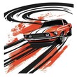 T-shirt design vector style clipart a sports muscle car on a race track, isolated on white background