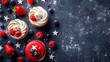 4th of July Cupcakes and Macarons with Berries and Whipped Cream