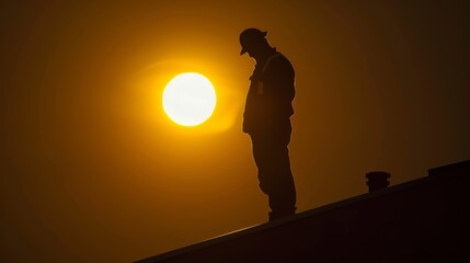 Wall Mural - Silhouette of firefighter standing on roof at sunset, honoring fallen heroes with respect and sorrow. Concept of danger, bravery, and loss.