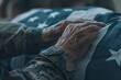 Close up of Veterans Hands on American Flag at Military Funeral. Honoring Service, Sacrifice, and Memory