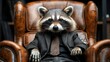 a raccoon in a suit and tie is sitting in a chair