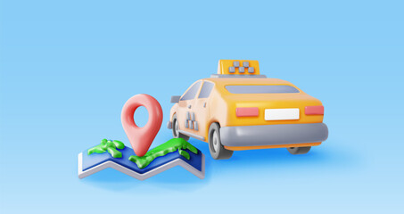 Sticker - 3D taxi car sedan and paper map isolated. Render yellow taxi cab and folded map. Call or app taxi concept. City transport service. Urban transportation concept. Realistic vector illustration