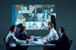 © master1305 - Team members meeting in boardroom, collaborating on tasks and sharing progress during virtual meeting. Online conference with colleagues. Concept of business, entrepreneurship, communication, teamwork