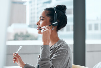 Sticker - Technical support, computer and woman consultant in office for online crm consultation or enquiries. Telemarketing, headset and female call center or customer service agent with desktop in workplace.