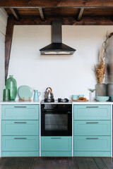 Wall Mural - Stylish kitchen interior, blue cabinet furniture, gas stove and kitchenware