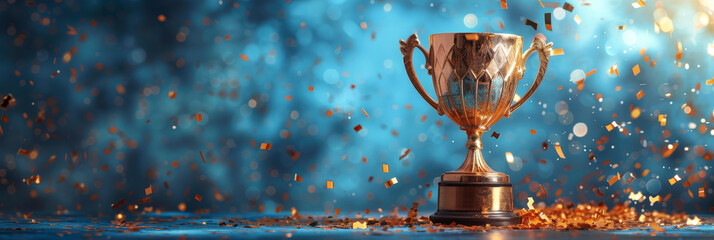 golden trophy with golden confetti on a blue background, a concept for success and achievement. , , winning an award , copy space