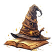 Wizard's hat with mysterious spell scrolls