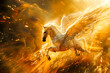 The mythic horse pegasus with white wings flying in the sky 